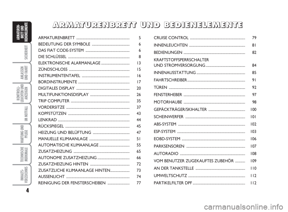 FIAT DUCATO 2008 Betriebsanleitung (in German) 4
SICHERHEIT
ANLASSEN
UND FAHRT
KONTROLL-
LEUCHTEN UND
ANZEIGEN
IM NOTFALL
WARTUNG UND
PFLEGE
TECHNISCHE
MERKMALE
INHALTS-
VERZEICHNIS
ARMATUREN-
BRETT UND
BEDIENELEMENTEARMATURENBRETT ............... FIAT DUCATO 2008 Betriebsanleitung (in German) 4
SICHERHEIT
ANLASSEN
UND FAHRT
KONTROLL-
LEUCHTEN UND
ANZEIGEN
IM NOTFALL
WARTUNG UND
PFLEGE
TECHNISCHE
MERKMALE
INHALTS-
VERZEICHNIS
ARMATUREN-
BRETT UND
BEDIENELEMENTEARMATURENBRETT ...............
