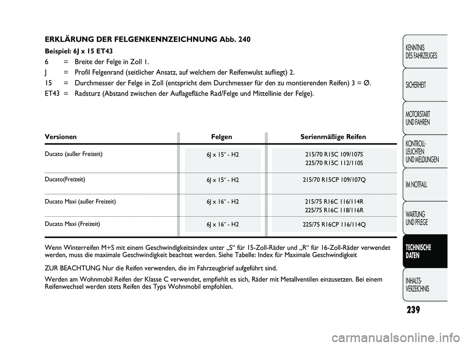 FIAT DUCATO 2010 Betriebsanleitung (in German) 239
KENNTNIS
DES FAHRZEUGES
SICHERHEIT
MOTORSTART
UND FAHREN
KONTROLL-
LEUCHTEN
UND MELDUNGEN
IM NOTFALL
WARTUNG
UND PFLEGE
TECHNISCHE
DATEN
INHALTS-
VERZEICHNIS
ERKLÄRUNG DER FELGENKENNZEICHNUN FIAT DUCATO 2010 Betriebsanleitung (in German) 239
KENNTNIS
DES FAHRZEUGES
SICHERHEIT
MOTORSTART
UND FAHREN
KONTROLL-
LEUCHTEN
UND MELDUNGEN
IM NOTFALL
WARTUNG
UND PFLEGE
TECHNISCHE
DATEN
INHALTS-
VERZEICHNIS
ERKLÄRUNG DER FELGENKENNZEICHNUN