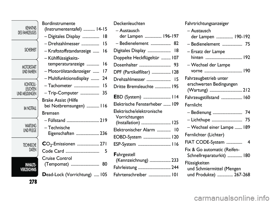 FIAT DUCATO 2010 Betriebsanleitung (in German) 278
KENNTNIS
DES FAHRZEUGES
SICHERHEIT
MOTORSTART
UND FAHREN
KONTROLL-
LEUCHTEN
UND MELDUNGEN
IM NOTFALL
WARTUNG
UND PFLEGE
TECHNISCHE
DATEN
INHALTS -
VERZEICHNIS
Bordinstrumente
(Instrumententaf FIAT DUCATO 2010 Betriebsanleitung (in German) 278
KENNTNIS
DES FAHRZEUGES
SICHERHEIT
MOTORSTART
UND FAHREN
KONTROLL-
LEUCHTEN
UND MELDUNGEN
IM NOTFALL
WARTUNG
UND PFLEGE
TECHNISCHE
DATEN
INHALTS -
VERZEICHNIS
Bordinstrumente
(Instrumententaf