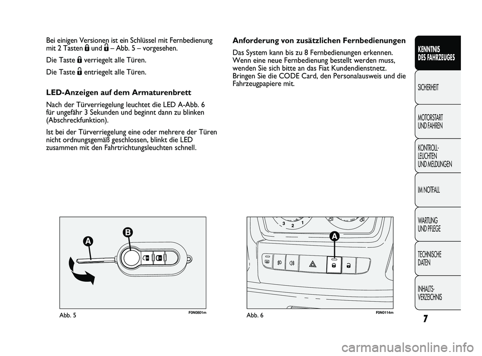 FIAT DUCATO 2010 Betriebsanleitung (in German) 7
KENNTNIS
DES FAHRZEUGES
SICHERHEIT
MOTORSTART
UND FAHREN
KONTROLL-
LEUCHTEN
UND MELDUNGEN
IM NOTFALL
WARTUNG
UND PFLEGE
TECHNISCHE
DATEN
INHALTS-
VERZEICHNIS
F0N0801mAbb. 5F0N0114mAbb. 6
Anford FIAT DUCATO 2010 Betriebsanleitung (in German) 7
KENNTNIS
DES FAHRZEUGES
SICHERHEIT
MOTORSTART
UND FAHREN
KONTROLL-
LEUCHTEN
UND MELDUNGEN
IM NOTFALL
WARTUNG
UND PFLEGE
TECHNISCHE
DATEN
INHALTS-
VERZEICHNIS
F0N0801mAbb. 5F0N0114mAbb. 6
Anford