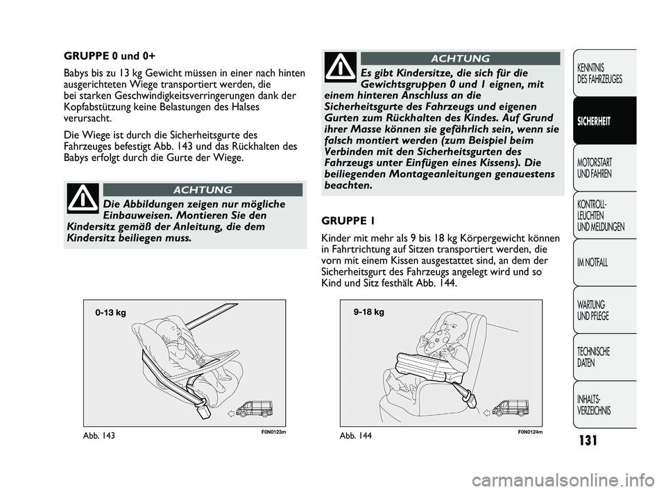 FIAT DUCATO 2013  Betriebsanleitung (in German) F0N0123mAbb. 143131
KENNTNIS 
DES FAHRZEUGES
SICHERHEIT
MOTORSTART 
UND FAHREN
KONTROLL-
LEUCHTEN 
UND MELDUNGEN
IM NOTFALL
WARTUNG 
UND PFLEGE
TECHNISCHE 
DATEN
INHALTS-
VERZEICHNIS
GRUPPE 0 und 0+
B