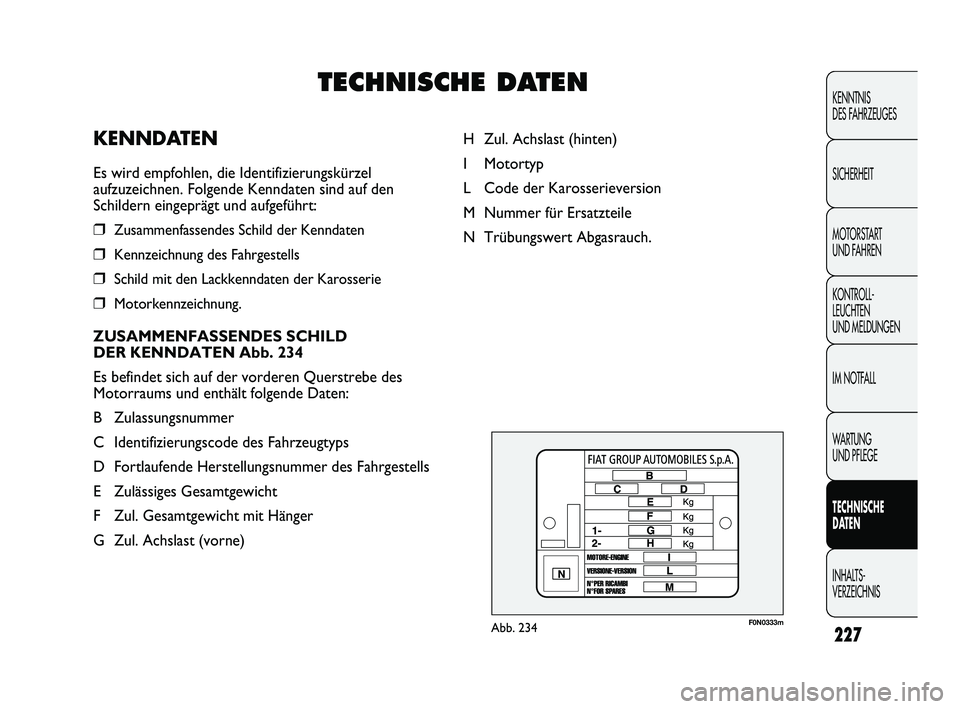 FIAT DUCATO 2013  Betriebsanleitung (in German) F0N0333mAbb. 234
H Zul. Achslast (hinten)
I Motortyp
L Code der Karosserieversion
M Nummer für Ersatzteile
N Trübungswert Abgasrauch.
227
KENNTNIS 
DES FAHRZEUGES
SICHERHEIT
MOTORSTART 
UND FAHREN
K