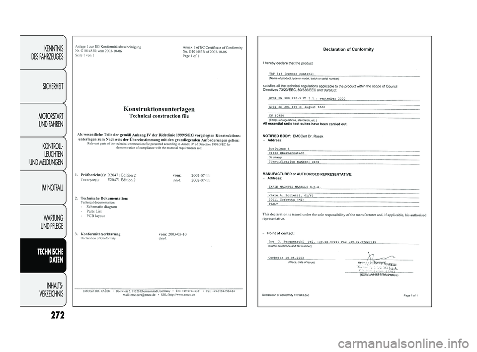 FIAT DUCATO 2013  Betriebsanleitung (in German) 272
KENNTNIS 
DES FAHRZEUGES
SICHERHEIT
MOTORSTART 
UND FAHREN
KONTROLL-
LEUCHTEN 
UND MELDUNGEN
IM NOTFALL
WARTUNG 
UND PFLEGE
TECHNISCHE 
DATEN
INHALTS -
VERZEICHNIS
Pagine_ITA.indd 118-05-2005 11:5