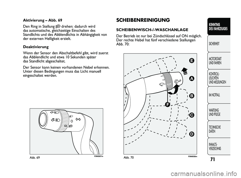 FIAT DUCATO 2012  Betriebsanleitung (in German) F0N0507mAbb. 69
SCHEIBENREINIGUNG
SCHEIBENWISCH-/-WASCHANLAGE 
Der Betrieb ist nur bei Zündschlüssel auf ON möglich.
Der rechte Hebel hat fünf verschiedene Stellungen 
Abb. 70: Aktivierung – Abb