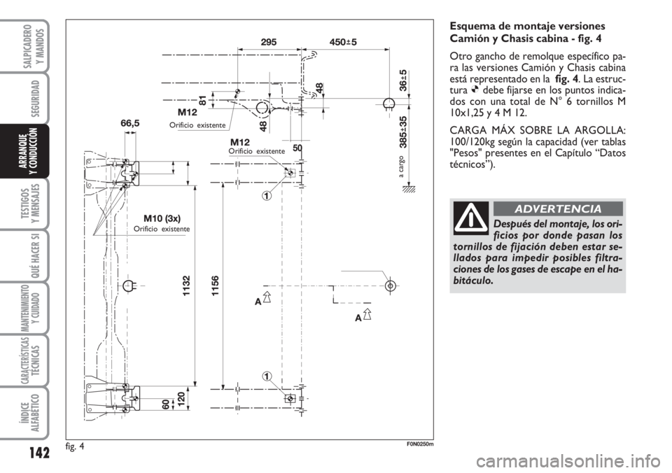 FIAT DUCATO 2007  Manual de Empleo y Cuidado (in Spanish) 142
SEGURIDAD
TESTIGOS
Y MENSAJES
QUÉ HACER SI
MANTENIMIENTO
Y CUIDADO
CARACTERÍSTICASTÉCNICAS
ÍNDICE
ALFABÉTICO
SALPICADERO
Y MANDOS
ARRANQUE
Y CONDUCCIÓN
Esquema de montaje versiones
Camión y