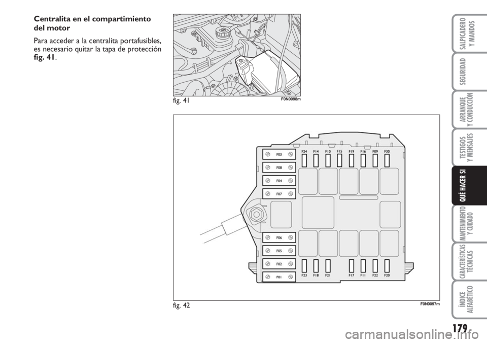 FIAT DUCATO 2007  Manual de Empleo y Cuidado (in Spanish) 179
SEGURIDAD
ARRANQUE
Y CONDUCCIÓN
TESTIGOS
Y MENSAJES
MANTENIMIENTO
Y CUIDADO
CARACTERÍSTICASTÉCNICAS
ÍNDICE
ALFABÉTICO
SALPICADERO
Y MANDOS
QUÉ HACER SI
fig. 42F0N0097m
fig. 41F0N0098m
Centra