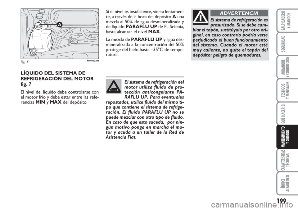 FIAT DUCATO 2007  Manual de Empleo y Cuidado (in Spanish) 199
SEGURIDAD
ARRANQUE
Y CONDUCCIÓN
TESTIGOS
Y MENSAJES
CARACTERÍSTICASTÉCNICAS
ÍNDICE
ALFABÉTICO
SALPICADERO
Y MANDOS
QUÉ HACER SI
MANTENIMIENTO
Y CUIDADO
LÍQUIDO DEL SISTEMA DE
REFRIGERACIÓN