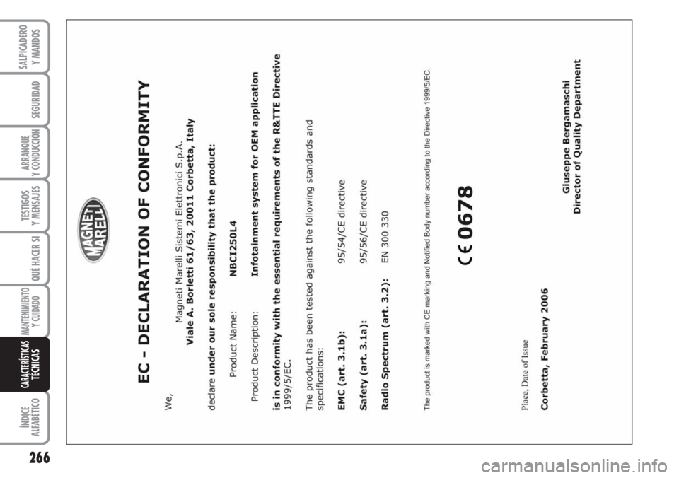FIAT DUCATO 2007  Manual de Empleo y Cuidado (in Spanish) 266
SEGURIDAD
ARRANQUE
Y CONDUCCIÓN
TESTIGOS
Y MENSAJES
QUÉ HACER SI
MANTENIMIENTO
Y CUIDADO
ÍNDICE
ALFABÉTICO
SALPICADERO
Y MANDOS
CARACTERÍSTICASTÉCNICAS 