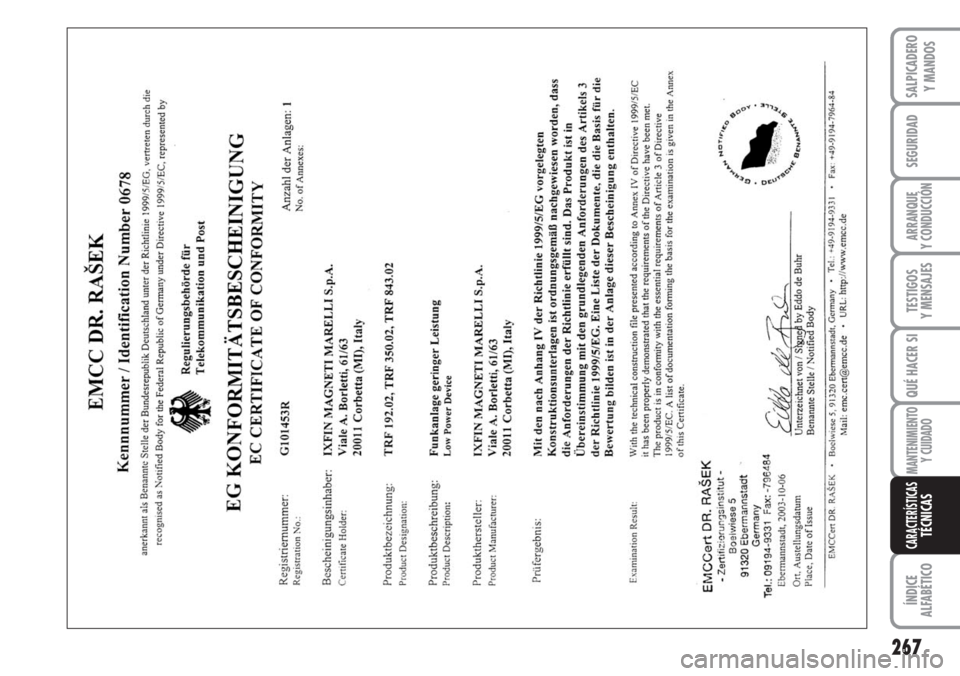 FIAT DUCATO 2007  Manual de Empleo y Cuidado (in Spanish) 267
SEGURIDAD
ARRANQUE
Y CONDUCCIÓN
TESTIGOS
Y MENSAJES
QUÉ HACER SI
MANTENIMIENTO
Y CUIDADO
ÍNDICE
ALFABÉTICO
SALPICADERO
Y MANDOS
CARACTERÍSTICASTÉCNICAS 