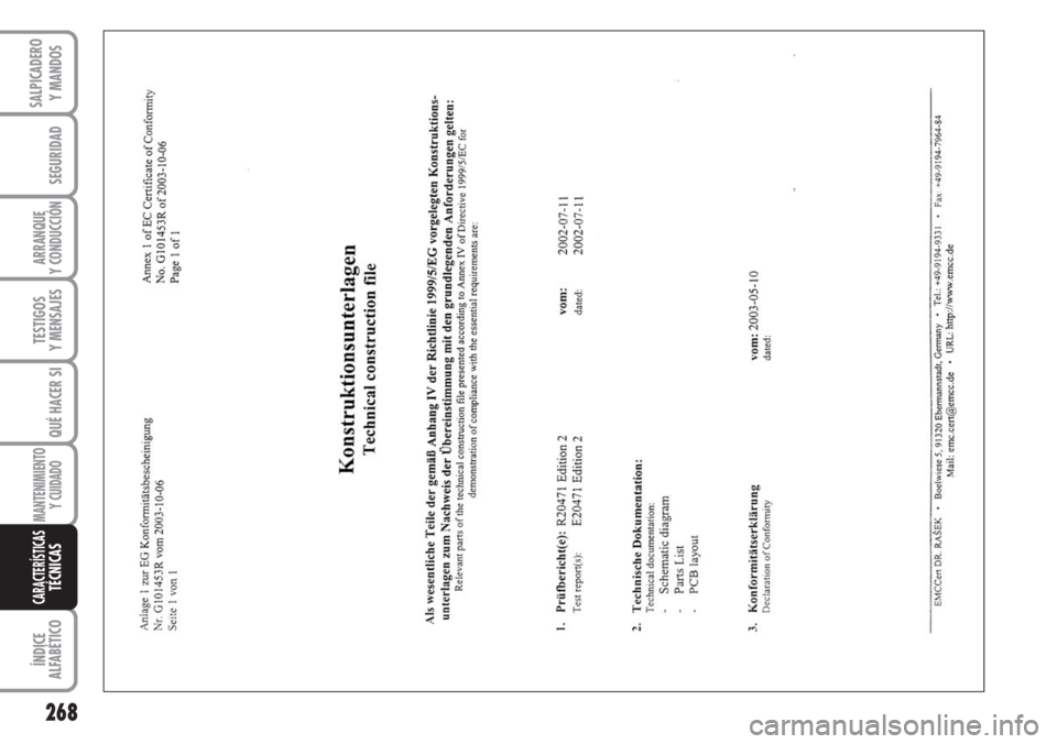FIAT DUCATO 2007  Manual de Empleo y Cuidado (in Spanish) 268
SEGURIDAD
ARRANQUE
Y CONDUCCIÓN
TESTIGOS
Y MENSAJES
QUÉ HACER SI
MANTENIMIENTO
Y CUIDADO
ÍNDICE
ALFABÉTICO
SALPICADERO
Y MANDOS
CARACTERÍSTICASTÉCNICAS 