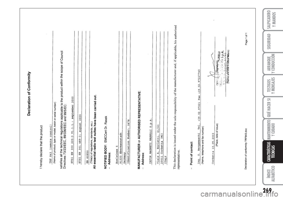 FIAT DUCATO 2007  Manual de Empleo y Cuidado (in Spanish) 269
SEGURIDAD
ARRANQUE
Y CONDUCCIÓN
TESTIGOS
Y MENSAJES
QUÉ HACER SI
MANTENIMIENTO
Y CUIDADO
ÍNDICE
ALFABÉTICO
SALPICADERO
Y MANDOS
CARACTERÍSTICASTÉCNICAS 