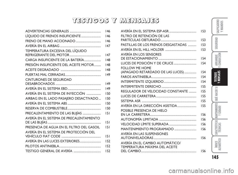 FIAT DUCATO 2008 Manual de Empleo y Cuidado (in Spanish) 145
SEGURIDAD
ARRANQUE
Y CONDUCCIÓN
QUÉ HACER SI
MANTENIMIENTO
Y CUIDADO
CARACTERÍSTICASTÉCNICAS
ÍNDICE
ALFABÉTICO
SALPICADERO
Y MANDOS
TESTIGOS
Y MENSAJES
ADVERTENCIAS GENERALES ............... FIAT DUCATO 2008 Manual de Empleo y Cuidado (in Spanish) 145
SEGURIDAD
ARRANQUE
Y CONDUCCIÓN
QUÉ HACER SI
MANTENIMIENTO
Y CUIDADO
CARACTERÍSTICASTÉCNICAS
ÍNDICE
ALFABÉTICO
SALPICADERO
Y MANDOS
TESTIGOS
Y MENSAJES
ADVERTENCIAS GENERALES ...............