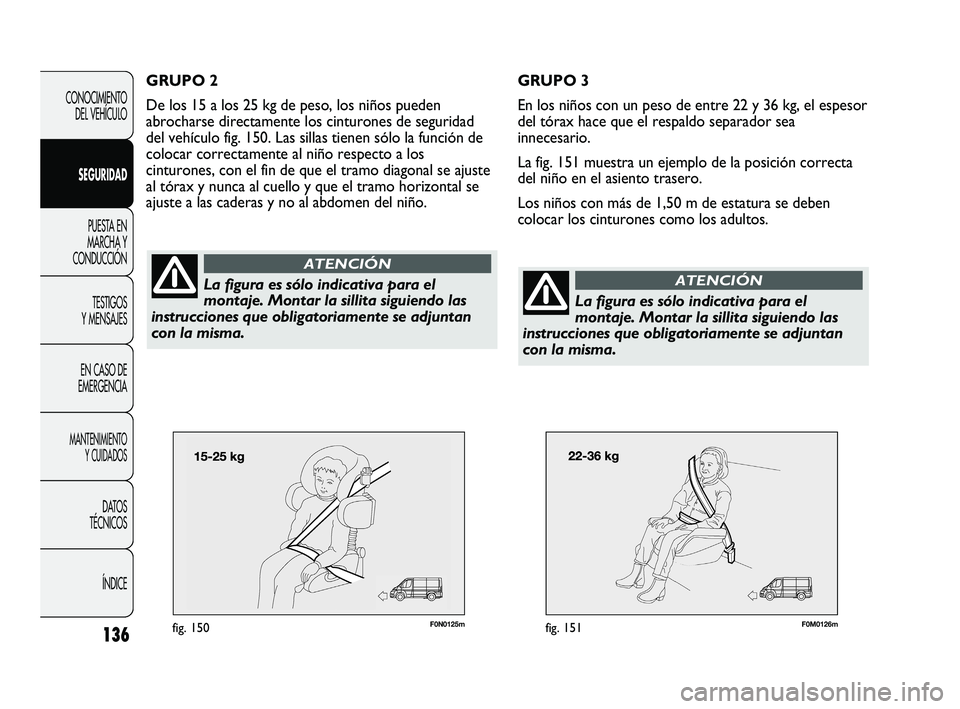 FIAT DUCATO 2009  Manual de Empleo y Cuidado (in Spanish) 136
CONOCIMIENTO
DEL VEHÍCULO
SEGURIDAD
PUESTA EN
MARCHA Y
CONDUCCIÓN
TESTIGOS
Y MENSAJES
EN CASO DE
EMERGENCIA
MANTENIMIENTO
Y CUIDADOS
DATOS
TÉCNICOS
ÍNDICE
F0N0125mfig. 150F0M0126mfig. 151
GRUP