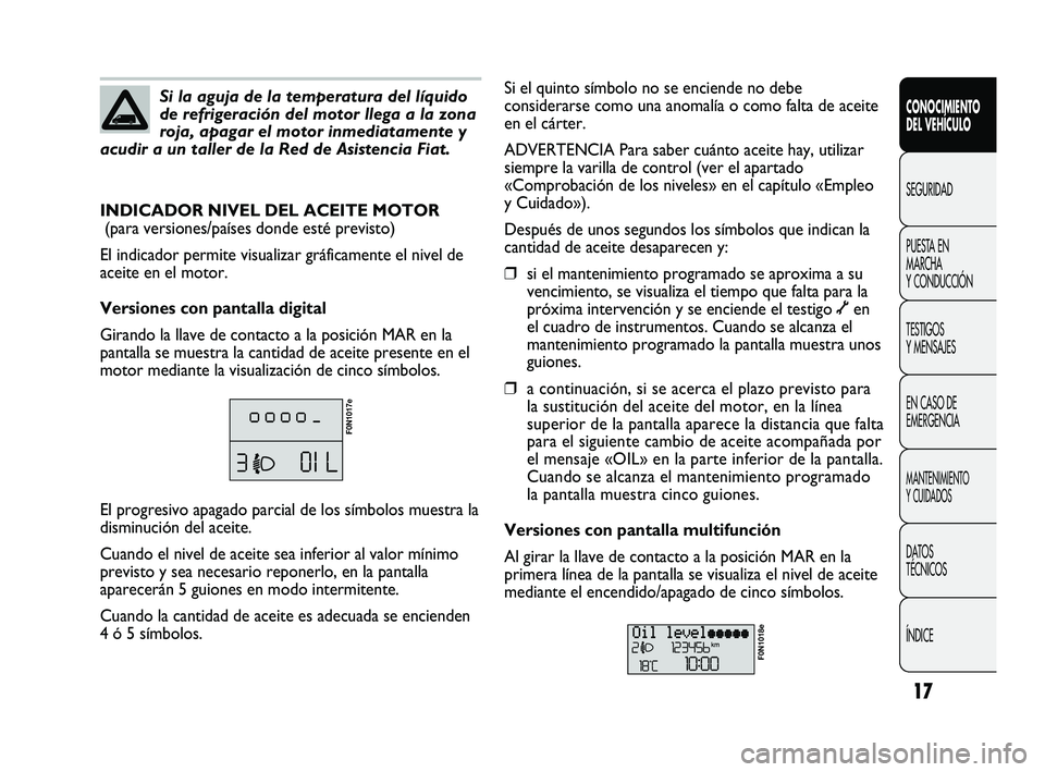 FIAT DUCATO 2009 Manual de Empleo y Cuidado (in Spanish) 17
CONOCIMIENTO
DEL VEHÍCULO
SEGURIDAD
PUESTA EN
MARCHA
Y CONDUCCIÓN
TESTIGOS
Y MENSAJES
EN CASO DE
EMERGENCIA
MANTENIMIENTO
Y CUIDADOS
DATOS
TÉCNICOS
ÍNDICE
Si la aguja de la temperatura del líq FIAT DUCATO 2009 Manual de Empleo y Cuidado (in Spanish) 17
CONOCIMIENTO
DEL VEHÍCULO
SEGURIDAD
PUESTA EN
MARCHA
Y CONDUCCIÓN
TESTIGOS
Y MENSAJES
EN CASO DE
EMERGENCIA
MANTENIMIENTO
Y CUIDADOS
DATOS
TÉCNICOS
ÍNDICE
Si la aguja de la temperatura del líq