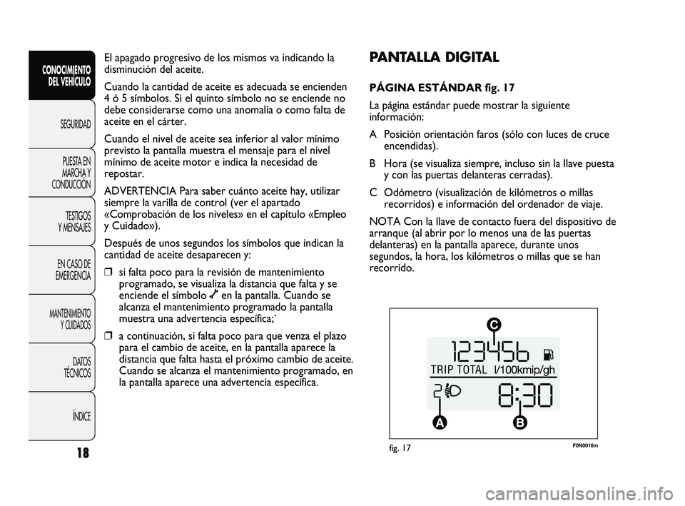 FIAT DUCATO 2009 Manual de Empleo y Cuidado (in Spanish) F0N0016mfig. 17
PANTALLA DIGITAL
PÁGINA ESTÁNDAR fig. 17
La página estándar puede mostrar la siguiente
información:
A Posición orientación faros (sólo con luces de cruce
encendidas).
B Hora ( FIAT DUCATO 2009 Manual de Empleo y Cuidado (in Spanish) F0N0016mfig. 17
PANTALLA DIGITAL
PÁGINA ESTÁNDAR fig. 17
La página estándar puede mostrar la siguiente
información:
A Posición orientación faros (sólo con luces de cruce
encendidas).
B Hora (