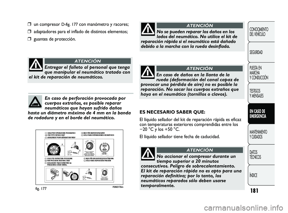 FIAT DUCATO 2009  Manual de Empleo y Cuidado (in Spanish) 181
F0N0178mfig. 177
❒ un compresor D-fig. 177con manómetro y racores;
❒ adaptadores para el inflado de distintos elementos;
❒ guantes de protección.
CONOCIMIENTO
DEL VEHÍCULO
SEGURIDAD
PUEST