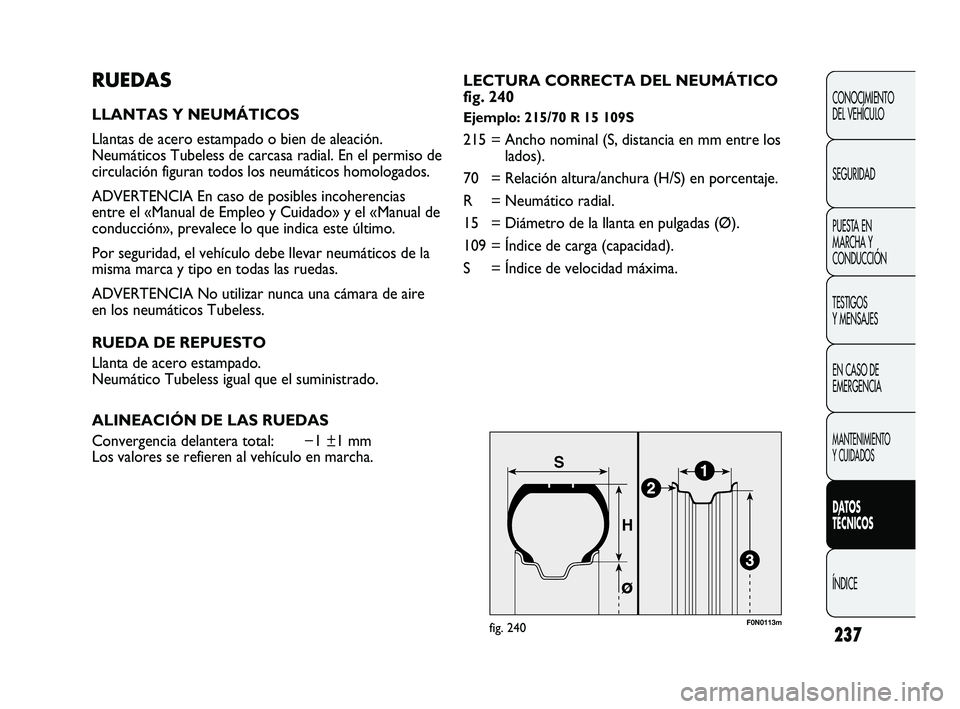 FIAT DUCATO 2009 Manual de Empleo y Cuidado (in Spanish) 237
RUEDAS
LLANTAS Y NEUMÁTICOS
Llantas de acero estampado o bien de aleación.
Neumáticos Tubeless de carcasa radial. En el permiso de
circulación figuran todos los neumáticos homologados.
ADVERT FIAT DUCATO 2009 Manual de Empleo y Cuidado (in Spanish) 237
RUEDAS
LLANTAS Y NEUMÁTICOS
Llantas de acero estampado o bien de aleación.
Neumáticos Tubeless de carcasa radial. En el permiso de
circulación figuran todos los neumáticos homologados.
ADVERT