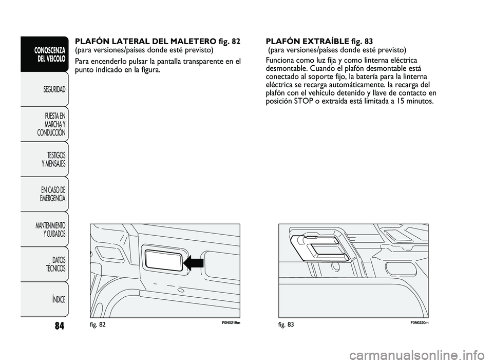 FIAT DUCATO 2009  Manual de Empleo y Cuidado (in Spanish) 84
CONOSCENZA
DEL VEICOLO
SEGURIDAD
PUESTA EN
MARCHA Y
CONDUCCIÓN
TESTIGOS
Y MENSAJES
EN CASO DE
EMERGENCIA
MANTENIMIENTO
Y CUIDADOS
DATOS
TÉCNICOS
ÍNDICE
F0N0220mfig. 83F0N0219mfig. 82
PLAFÓN EXT