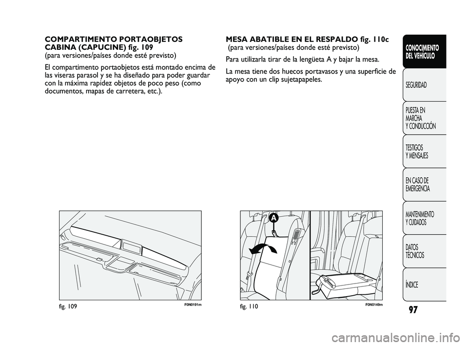 FIAT DUCATO 2009  Manual de Empleo y Cuidado (in Spanish) 97
CONOCIMIENTO
DEL VEHÍCULO
SEGURIDAD
PUESTA EN
MARCHA
Y CONDUCCIÓN
TESTIGOS
Y MENSAJES
EN CASO DE
EMERGENCIA
MANTENIMIENTO
Y CUIDADOS
DATOS
TÉCNICOS
ÍNDICE
COMPARTIMENTO PORTAOBJETOS
CABINA (CAP