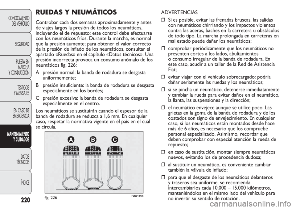 FIAT DUCATO 2011 Manual de Empleo y Cuidado (in Spanish) 220
CONOCIMIENTO
DEL VEHÍCULO
SEGURIDAD
PUESTA EN
MARCHA
Y CONDUCCIÓN
TESTIGOS
Y MENSAJES
EN CASO DE
EMERGENCIA
MANTENIMIENTO
Y CUIDADOS
DATOS
TÉCNICOS
ÍNDICE
F0N0111mfig. 226
ADVERTENCIAS
❒Si e FIAT DUCATO 2011 Manual de Empleo y Cuidado (in Spanish) 220
CONOCIMIENTO
DEL VEHÍCULO
SEGURIDAD
PUESTA EN
MARCHA
Y CONDUCCIÓN
TESTIGOS
Y MENSAJES
EN CASO DE
EMERGENCIA
MANTENIMIENTO
Y CUIDADOS
DATOS
TÉCNICOS
ÍNDICE
F0N0111mfig. 226
ADVERTENCIAS
❒Si e