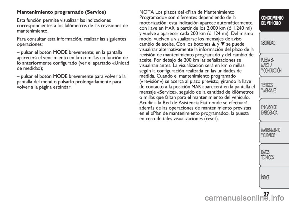 FIAT DUCATO 2011  Manual de Empleo y Cuidado (in Spanish) 27
CONOCIMIENTO
DEL VEHÍCULO
SEGURIDAD
PUESTA EN
MARCHA
Y CONDUCCIÓN
TESTIGOS
Y MENSAJES
EN CASO DE
EMERGENCIA
MANTENIMIENTO
Y CUIDADOS
DATOS
TÉCNICOS
ÍNDICE
NOTA Los plazos del «Plan de Mantenim