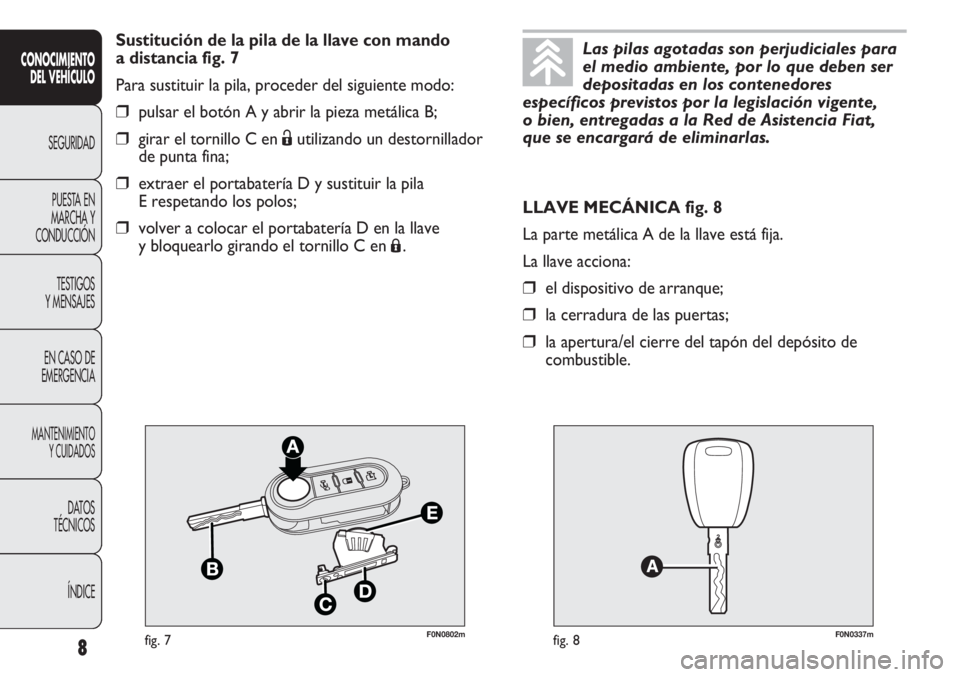 FIAT DUCATO 2012 Manual de Empleo y Cuidado (in Spanish) F0N0802mfig. 7F0N0337mfig. 8
LLAVE MECÁNICA fig. 8
La parte metálica A de la llave está fija.
La llave acciona:
❒el dispositivo de arranque;
❒la cerradura de las puertas;
❒la apertura/el cier FIAT DUCATO 2012 Manual de Empleo y Cuidado (in Spanish) F0N0802mfig. 7F0N0337mfig. 8
LLAVE MECÁNICA fig. 8
La parte metálica A de la llave está fija.
La llave acciona:
❒el dispositivo de arranque;
❒la cerradura de las puertas;
❒la apertura/el cier