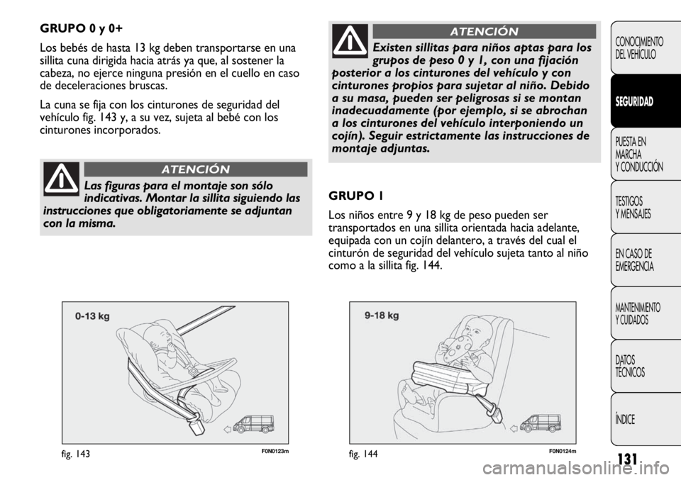 FIAT DUCATO 2012 Manual de Empleo y Cuidado (in Spanish) 131
F0N0123mfig. 143
CONOCIMIENTO
DEL VEHÍCULO
SEGURIDAD
PUESTA EN
MARCHA
Y CONDUCCIÓN
TESTIGOS
Y MENSAJES
EN CASO DE
EMERGENCIA
MANTENIMIENTO
Y CUIDADOS
DATOS
TÉCNICOS
ÍNDICE
GRUPO 0 y 0+
Los beb FIAT DUCATO 2012 Manual de Empleo y Cuidado (in Spanish) 131
F0N0123mfig. 143
CONOCIMIENTO
DEL VEHÍCULO
SEGURIDAD
PUESTA EN
MARCHA
Y CONDUCCIÓN
TESTIGOS
Y MENSAJES
EN CASO DE
EMERGENCIA
MANTENIMIENTO
Y CUIDADOS
DATOS
TÉCNICOS
ÍNDICE
GRUPO 0 y 0+
Los beb
