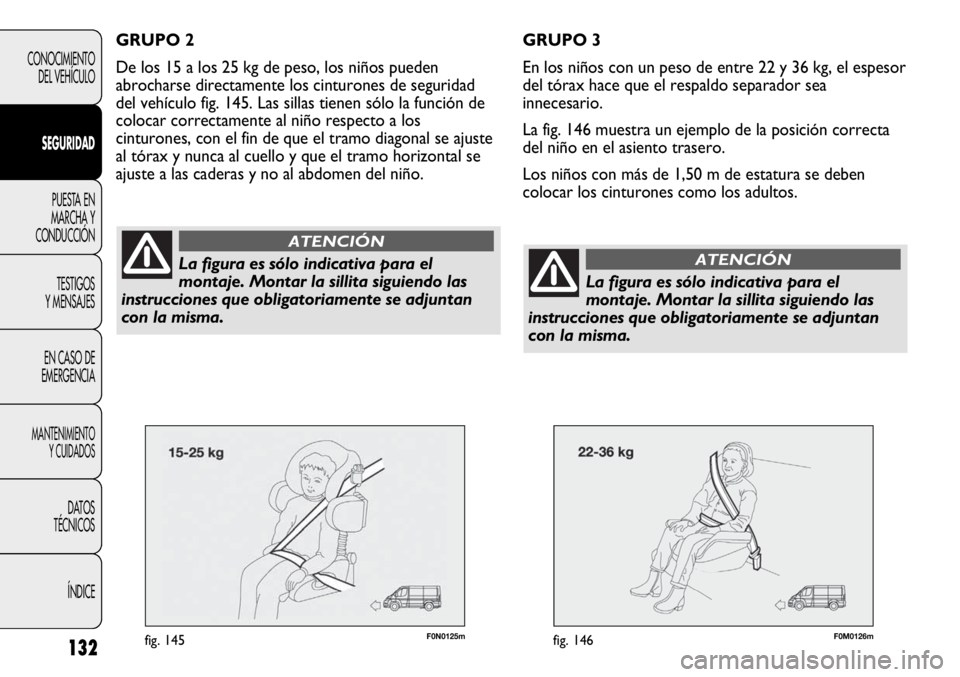 FIAT DUCATO 2012 Manual de Empleo y Cuidado (in Spanish) 132
CONOCIMIENTO
DEL VEHÍCULO
SEGURIDAD
PUESTA EN
MARCHA Y
CONDUCCIÓN
TESTIGOS
Y MENSAJES
EN CASO DE
EMERGENCIA
MANTENIMIENTO
Y CUIDADOS
DATOS
TÉCNICOS
ÍNDICE
F0N0125mfig. 145F0M0126mfig. 146
GRUP FIAT DUCATO 2012 Manual de Empleo y Cuidado (in Spanish) 132
CONOCIMIENTO
DEL VEHÍCULO
SEGURIDAD
PUESTA EN
MARCHA Y
CONDUCCIÓN
TESTIGOS
Y MENSAJES
EN CASO DE
EMERGENCIA
MANTENIMIENTO
Y CUIDADOS
DATOS
TÉCNICOS
ÍNDICE
F0N0125mfig. 145F0M0126mfig. 146
GRUP