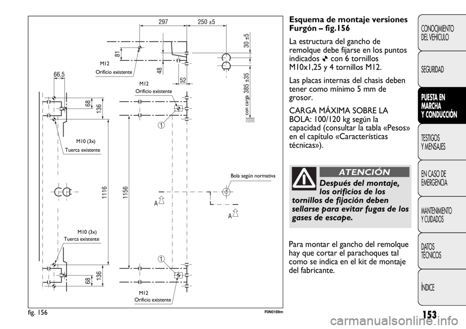 FIAT DUCATO 2012  Manual de Empleo y Cuidado (in Spanish) 153
CONOCIMIENTO
DEL VEHÍCULO
SEGURIDAD
PUESTA EN
MARCHA
Y CONDUCCIÓN
TESTIGOS
Y MENSAJES
EN CASO DE
EMERGENCIA
MANTENIMIENTO
Y CUIDADOS
DATOS
TÉCNICOS
ÍNDICE
Esquema de montaje versiones
Furgón 