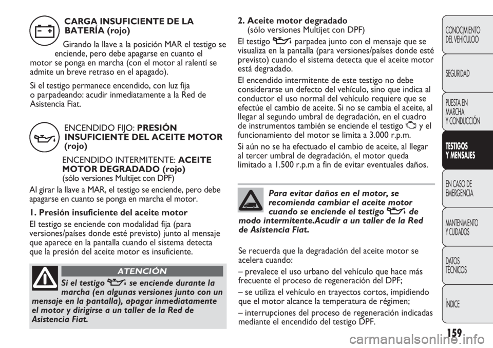 FIAT DUCATO 2012  Manual de Empleo y Cuidado (in Spanish) 159
2. Aceite motor degradado 
(sólo versiones Multijet con DPF)
El testigo vparpadea junto con el mensaje que se
visualiza en la pantalla (para versiones/países donde esté
previsto) cuando el sist