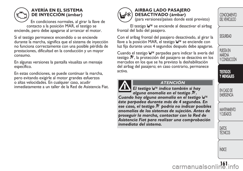 FIAT DUCATO 2012  Manual de Empleo y Cuidado (in Spanish) 161
CONOCIMIENTO
DEL VEHÍCULOO
SEGURIDAD
PUESTA EN
MARCHA
Y CONDUCCIÓN
TESTIGOS
Y MENSAJES
EN CASO DE
EMERGENCIA
MANTENIMIENTO
Y CUIDADOS
DATOS
TÉCNICOS
ÍNDICE
AIRBAG LADO PASAJERO
DESACTIVADO (á