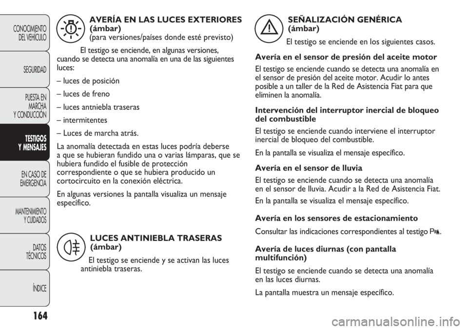 FIAT DUCATO 2012  Manual de Empleo y Cuidado (in Spanish) 164
CONOCIMIENTO
DEL VEHÍCULO
SEGURIDAD
PUESTA EN
MARCHA
Y CONDUCCIÓN
TESTIGOS
Y MENSAJES
EN CASO DE
EMERGENCIA
MANTENIMIENTO
Y CUIDADOS
DATOS
TÉCNICOS
ÍNDICE
AVERÍA EN LAS LUCES EXTERIORES
(ámb