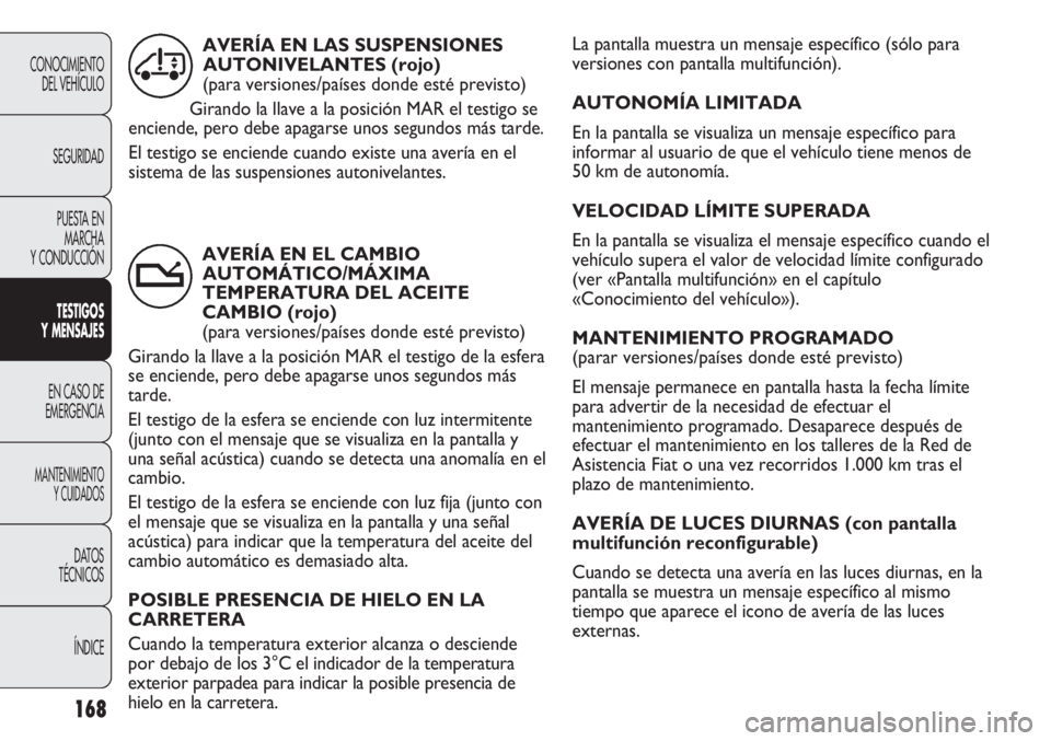 FIAT DUCATO 2012 Manual de Empleo y Cuidado (in Spanish) La pantalla muestra un mensaje específico (sólo para
versiones con pantalla multifunción).
AUTONOMÍA LIMITADA
En la pantalla se visualiza un mensaje específico para
informar al usuario de que el FIAT DUCATO 2012 Manual de Empleo y Cuidado (in Spanish) La pantalla muestra un mensaje específico (sólo para
versiones con pantalla multifunción).
AUTONOMÍA LIMITADA
En la pantalla se visualiza un mensaje específico para
informar al usuario de que el