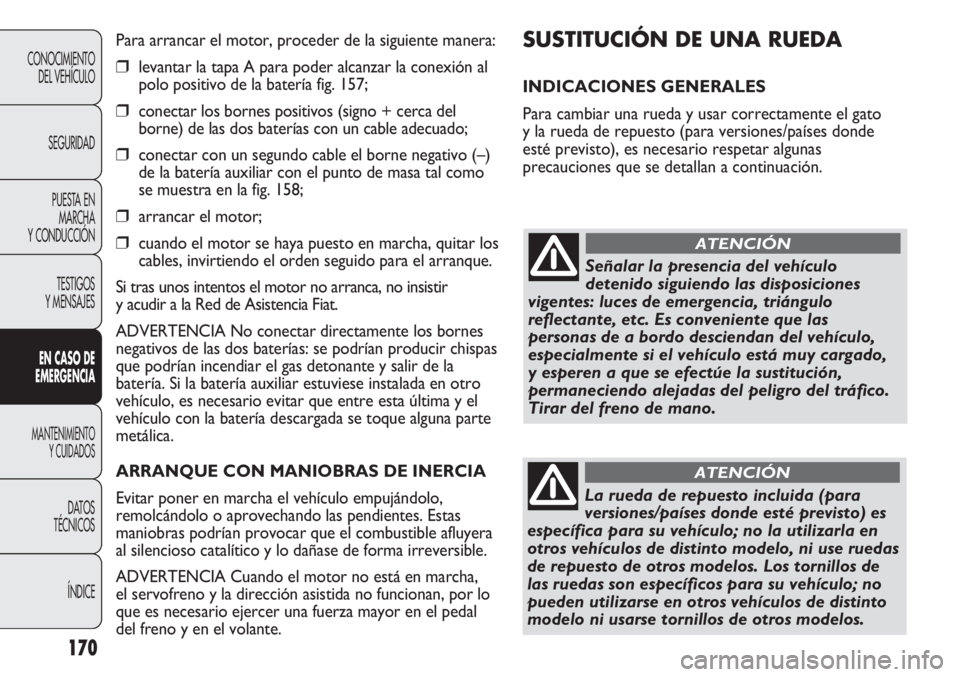 FIAT DUCATO 2012 Manual de Empleo y Cuidado (in Spanish) 170
CONOCIMIENTO
DEL VEHÍCULO
SEGURIDAD
PUESTA EN
MARCHA
Y CONDUCCIÓN
TESTIGOS
Y MENSAJES
EN CASO DE
EMERGENCIA
MANTENIMIENTO
Y CUIDADOS
DATOS
TÉCNICOS
ÍNDICE
SUSTITUCIÓN DE UNA RUEDA
INDICACION FIAT DUCATO 2012 Manual de Empleo y Cuidado (in Spanish) 170
CONOCIMIENTO
DEL VEHÍCULO
SEGURIDAD
PUESTA EN
MARCHA
Y CONDUCCIÓN
TESTIGOS
Y MENSAJES
EN CASO DE
EMERGENCIA
MANTENIMIENTO
Y CUIDADOS
DATOS
TÉCNICOS
ÍNDICE
SUSTITUCIÓN DE UNA RUEDA
INDICACION