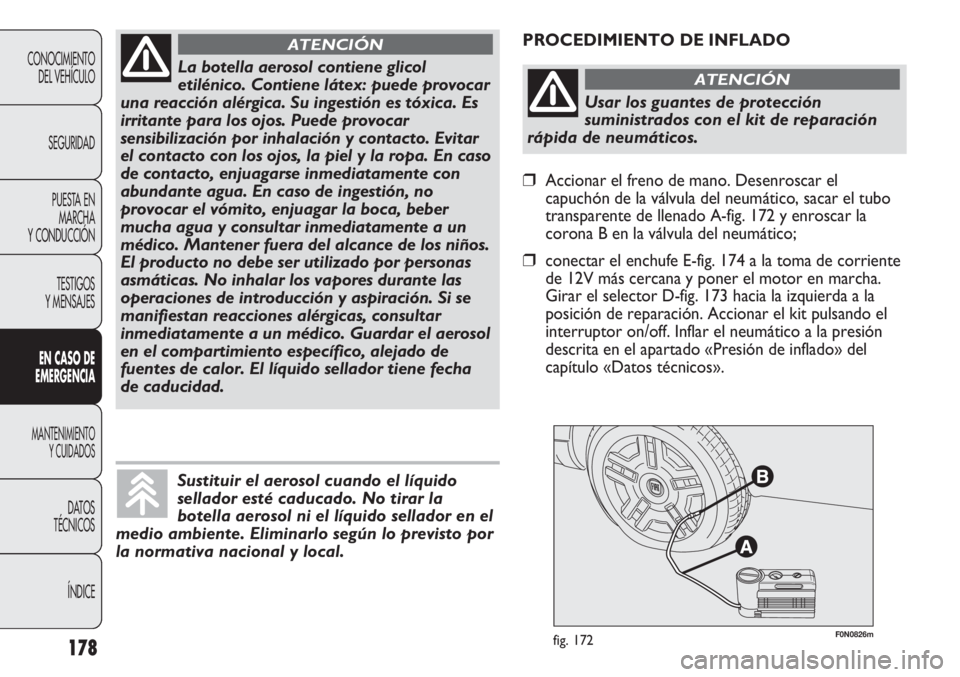 FIAT DUCATO 2012 Manual de Empleo y Cuidado (in Spanish) 178
CONOCIMIENTO
DEL VEHÍCULO
SEGURIDAD
PUESTA EN
MARCHA
Y CONDUCCIÓN
TESTIGOS
Y MENSAJES
EN CASO DE
EMERGENCIA
MANTENIMIENTO
Y CUIDADOS
DATOS
TÉCNICOS
ÍNDICE
F0N0826mfig. 172
PROCEDIMIENTO DE INF FIAT DUCATO 2012 Manual de Empleo y Cuidado (in Spanish) 178
CONOCIMIENTO
DEL VEHÍCULO
SEGURIDAD
PUESTA EN
MARCHA
Y CONDUCCIÓN
TESTIGOS
Y MENSAJES
EN CASO DE
EMERGENCIA
MANTENIMIENTO
Y CUIDADOS
DATOS
TÉCNICOS
ÍNDICE
F0N0826mfig. 172
PROCEDIMIENTO DE INF