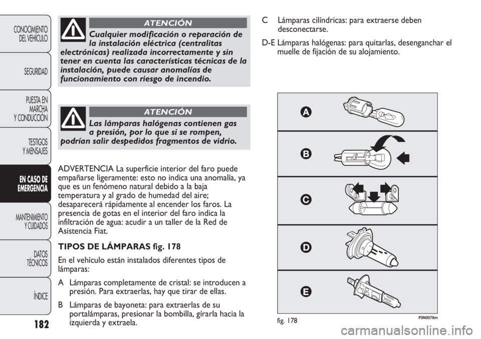 FIAT DUCATO 2012 Manual de Empleo y Cuidado (in Spanish) 182
CONOCIMIENTO
DEL VEHÍCULO
SEGURIDAD
PUESTA EN
MARCHA
Y CONDUCCIÓN
TESTIGOS
Y MENSAJES
EN CASO DE
EMERGENCIA
MANTENIMIENTO
Y CUIDADOS
DATOS
TÉCNICOS
ÍNDICE
F0N0078mfig. 178
Cualquier modificaci FIAT DUCATO 2012 Manual de Empleo y Cuidado (in Spanish) 182
CONOCIMIENTO
DEL VEHÍCULO
SEGURIDAD
PUESTA EN
MARCHA
Y CONDUCCIÓN
TESTIGOS
Y MENSAJES
EN CASO DE
EMERGENCIA
MANTENIMIENTO
Y CUIDADOS
DATOS
TÉCNICOS
ÍNDICE
F0N0078mfig. 178
Cualquier modificaci