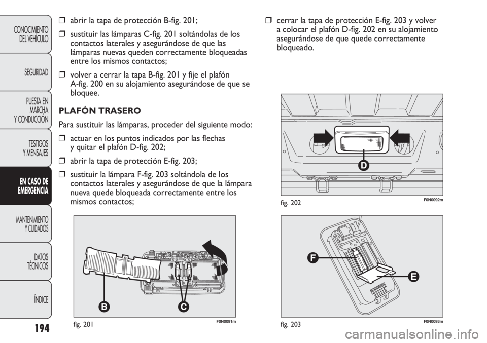 FIAT DUCATO 2012 Manual de Empleo y Cuidado (in Spanish) 194
CONOCIMIENTO
DEL VEHÍCULO
SEGURIDAD
PUESTA EN
MARCHA
Y CONDUCCIÓN
TESTIGOS
Y MENSAJES
EN CASO DE
EMERGENCIA
MANTENIMIENTO
Y CUIDADOS
DATOS
TÉCNICOS
ÍNDICE
F0N0091mfig. 201
❒abrir la tapa de FIAT DUCATO 2012 Manual de Empleo y Cuidado (in Spanish) 194
CONOCIMIENTO
DEL VEHÍCULO
SEGURIDAD
PUESTA EN
MARCHA
Y CONDUCCIÓN
TESTIGOS
Y MENSAJES
EN CASO DE
EMERGENCIA
MANTENIMIENTO
Y CUIDADOS
DATOS
TÉCNICOS
ÍNDICE
F0N0091mfig. 201
❒abrir la tapa de