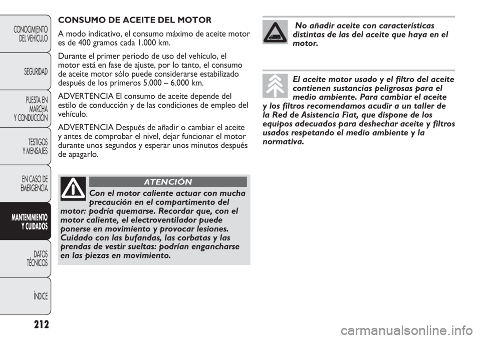 FIAT DUCATO 2012 Manual de Empleo y Cuidado (in Spanish) 212
CONOCIMIENTO
DEL VEHÍCULO
SEGURIDAD
PUESTA EN
MARCHA
Y CONDUCCIÓN
TESTIGOS
Y MENSAJES
EN CASO DE
EMERGENCIA
MANTENIMIENTO
Y CUIDADOS
DATOS
TÉCNICOS
ÍNDICE
CONSUMO DE ACEITE DEL MOTOR
A modo in FIAT DUCATO 2012 Manual de Empleo y Cuidado (in Spanish) 212
CONOCIMIENTO
DEL VEHÍCULO
SEGURIDAD
PUESTA EN
MARCHA
Y CONDUCCIÓN
TESTIGOS
Y MENSAJES
EN CASO DE
EMERGENCIA
MANTENIMIENTO
Y CUIDADOS
DATOS
TÉCNICOS
ÍNDICE
CONSUMO DE ACEITE DEL MOTOR
A modo in