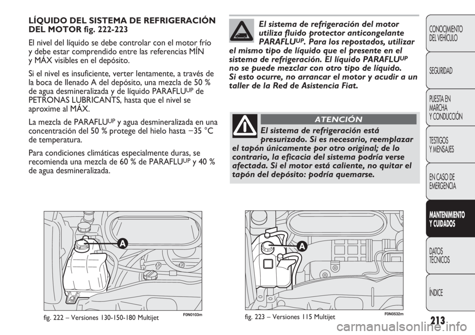 FIAT DUCATO 2012 Manual de Empleo y Cuidado (in Spanish) 213
CONOCIMIENTO
DEL VEHÍCULO
SEGURIDAD
PUESTA EN
MARCHA
Y CONDUCCIÓN
TESTIGOS
Y MENSAJES
EN CASO DE
EMERGENCIA
MANTENIMIENTO
Y CUIDADOS
DATOS
TÉCNICOS
ÍNDICE
F0N0103mfig. 222 – Versiones 130-15 FIAT DUCATO 2012 Manual de Empleo y Cuidado (in Spanish) 213
CONOCIMIENTO
DEL VEHÍCULO
SEGURIDAD
PUESTA EN
MARCHA
Y CONDUCCIÓN
TESTIGOS
Y MENSAJES
EN CASO DE
EMERGENCIA
MANTENIMIENTO
Y CUIDADOS
DATOS
TÉCNICOS
ÍNDICE
F0N0103mfig. 222 – Versiones 130-15
