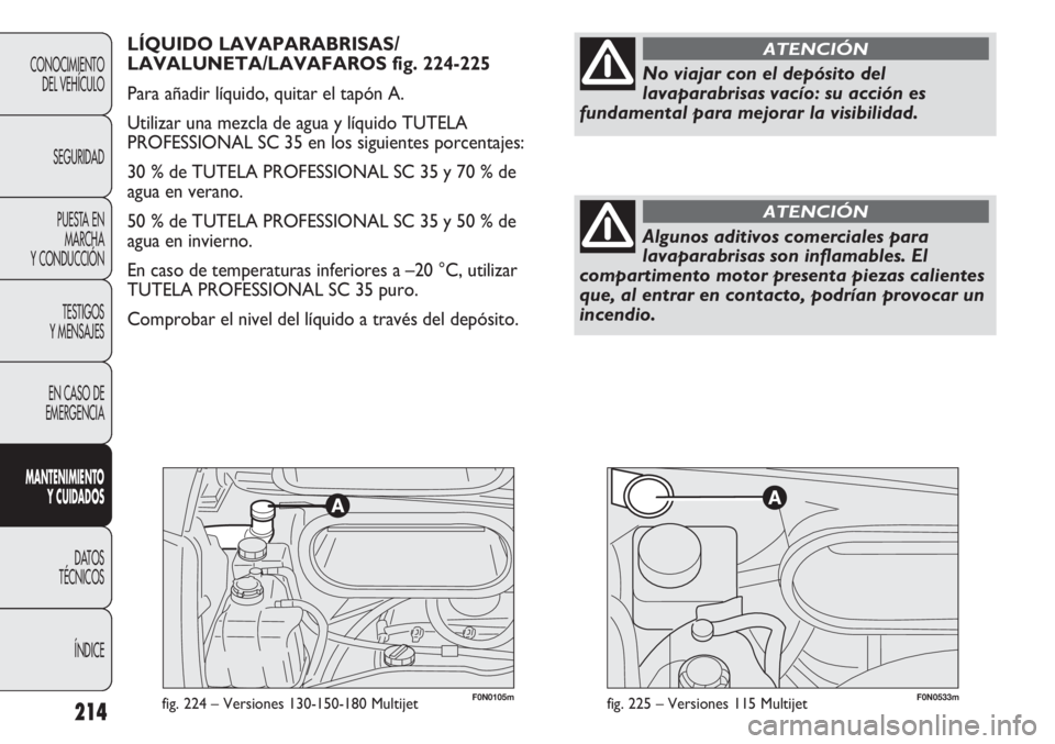 FIAT DUCATO 2012 Manual de Empleo y Cuidado (in Spanish) F0N0105mfig. 224 – Versiones 130-150-180 Multijet214
CONOCIMIENTO
DEL VEHÍCULO
SEGURIDAD
PUESTA EN
MARCHA
Y CONDUCCIÓN
TESTIGOS
Y MENSAJES
EN CASO DE
EMERGENCIA
MANTENIMIENTO
Y CUIDADOS
DATOS
TÉC FIAT DUCATO 2012 Manual de Empleo y Cuidado (in Spanish) F0N0105mfig. 224 – Versiones 130-150-180 Multijet214
CONOCIMIENTO
DEL VEHÍCULO
SEGURIDAD
PUESTA EN
MARCHA
Y CONDUCCIÓN
TESTIGOS
Y MENSAJES
EN CASO DE
EMERGENCIA
MANTENIMIENTO
Y CUIDADOS
DATOS
TÉC