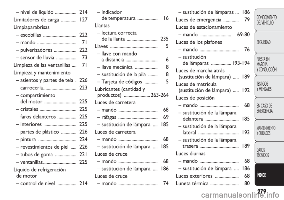 FIAT DUCATO 2012 Manual de Empleo y Cuidado (in Spanish) 279
CONOCIMIENTO
DEL VEHÍCULO
SEGURIDAD
PUESTA EN
MARCHA
Y CONDUCCIÓN
TESTIGOS
Y MENSAJES
EN CASO DE
EMERGENCIA
MANTENIMIENTO
Y CUIDADOS
DATOS
TÉCNICOS
ÍNDICE
– nivel de líquido ............... FIAT DUCATO 2012 Manual de Empleo y Cuidado (in Spanish) 279
CONOCIMIENTO
DEL VEHÍCULO
SEGURIDAD
PUESTA EN
MARCHA
Y CONDUCCIÓN
TESTIGOS
Y MENSAJES
EN CASO DE
EMERGENCIA
MANTENIMIENTO
Y CUIDADOS
DATOS
TÉCNICOS
ÍNDICE
– nivel de líquido ...............