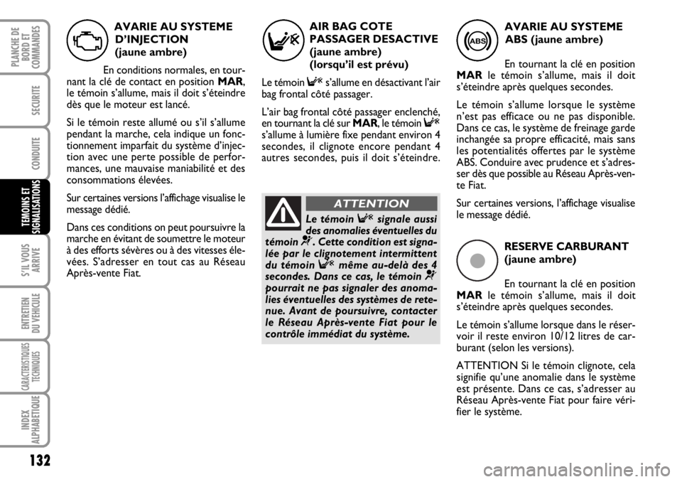FIAT DUCATO 2006  Notice dentretien (in French) ç
RESERVE CARBURANT
(jaune ambre)
En tournant la clé en position
MARle témoin s’allume, mais il doit
s’éteindre après quelques secondes. 
Le témoin s’allume lorsque dans le réser-
voir il