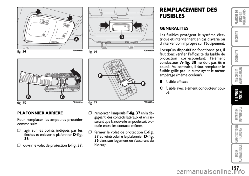 FIAT DUCATO 2006  Notice dentretien (in French) 157
TEMOINS ET
SIGNALISATIONS
ENTRETIEN
DU VEHICULE
CARACTERISTIQUES
TECHNIQUES
INDEX
ALPHABETIQUE
PLANCHE DE
BORD ET
COMMANDES
SECURITE
CONDUITE
S’IL VOUS
ARRIVE
PLAFONNIER ARRIERE 
Pour remplacer 