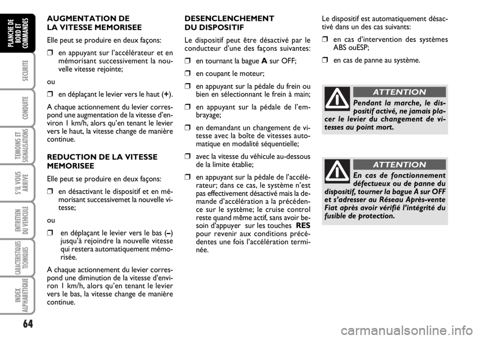 FIAT DUCATO 2006  Notice dentretien (in French) 64
SECURITE
CONDUITE
TEMOINS ETSIGNALISATIONS
S’IL VOUS
ARRIVE
ENTRETIEN
DU VEHICULE
CARACTERISTIQUES
TECHNIQUES
INDEX
ALPHABETIQUE
PLANCHE DE
BORD ET
COMMANDES
AUGMENTATION DE 
LA VITESSE MEMORISEE