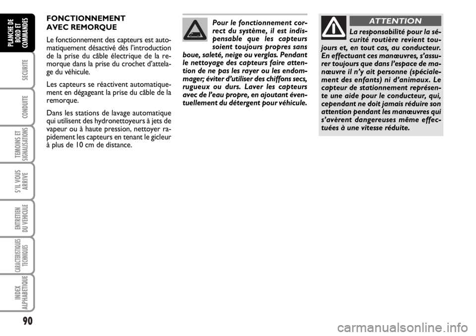 FIAT DUCATO 2006  Notice dentretien (in French) 90
SECURITE
CONDUITE
TEMOINS ETSIGNALISATIONS
S’IL VOUS
ARRIVE
ENTRETIEN
DU VEHICULE
CARACTERISTIQUES
TECHNIQUES
INDEX
ALPHABETIQUE
PLANCHE DE
BORD ET
COMMANDES
Pour le fonctionnement cor-
rect du s