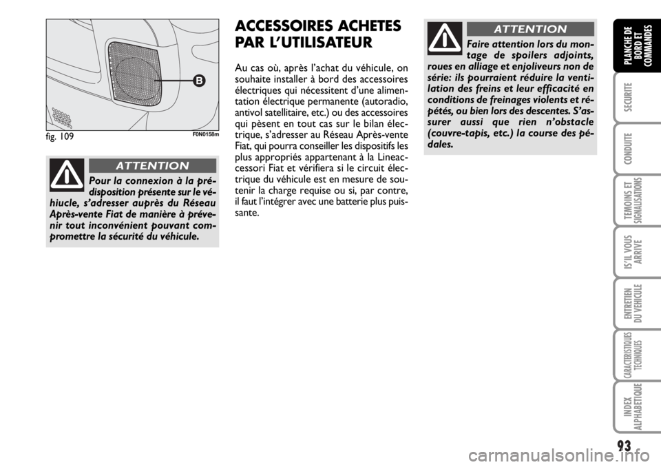 FIAT DUCATO 2006  Notice dentretien (in French) 93
SECURITE
CONDUITE
TEMOINS ETSIGNALISATIONS
IS’IL VOUS
ARRIVE
ENTRETIEN
DU VEHICULE
CARACTERISTIQUES
TECHNIQUES
INDEX
ALPHABETIQUE
PLANCHE DE
BORD ET
COMMANDES
ACCESSOIRES ACHETES
PAR L’UTILISAT