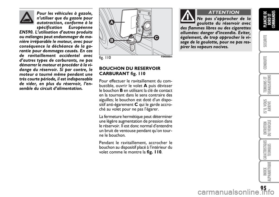 FIAT DUCATO 2006  Notice dentretien (in French) 95
SECURITE
CONDUITE
TEMOINS ETSIGNALISATIONS
IS’IL VOUS
ARRIVE
ENTRETIEN
DU VEHICULE
CARACTERISTIQUES
TECHNIQUES
INDEX
ALPHABETIQUE
PLANCHE DE
BORD ET
COMMANDES
BOUCHON DU RESERVOIR
CARBURANT fig. 