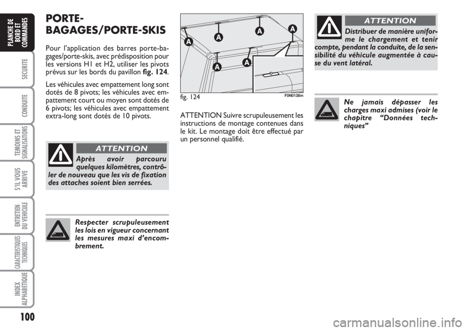 FIAT DUCATO 2007 Notice dentretien (in French) 100
SECURITE
CONDUITE
TEMOINS ETSIGNALISATIONS
S’IL VOUS
ARRIVE
ENTRETIEN
DU VEHICULE
CARACTERISTIQUES
TECHNIQUES
INDEX
ALPHABETIQUE
PLANCHE DE
BORD ET
COMMANDES
PORTE-
BAGAGES/PORTE-SKIS
Pour l’a FIAT DUCATO 2007 Notice dentretien (in French) 100
SECURITE
CONDUITE
TEMOINS ETSIGNALISATIONS
S’IL VOUS
ARRIVE
ENTRETIEN
DU VEHICULE
CARACTERISTIQUES
TECHNIQUES
INDEX
ALPHABETIQUE
PLANCHE DE
BORD ET
COMMANDES
PORTE-
BAGAGES/PORTE-SKIS
Pour l’a