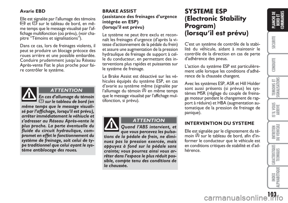 FIAT DUCATO 2007 Notice dentretien (in French) 103
SECURITE
CONDUITE
TEMOINS ETSIGNALISATIONS
IS’IL VOUS
ARRIVE
ENTRETIEN
DU VEHICULE
CARACTERISTIQUES
TECHNIQUES
INDEX
ALPHABETIQUE
PLANCHE DE
BORD ET
COMMANDES
BRAKE ASSIST
(assistance des frein FIAT DUCATO 2007 Notice dentretien (in French) 103
SECURITE
CONDUITE
TEMOINS ETSIGNALISATIONS
IS’IL VOUS
ARRIVE
ENTRETIEN
DU VEHICULE
CARACTERISTIQUES
TECHNIQUES
INDEX
ALPHABETIQUE
PLANCHE DE
BORD ET
COMMANDES
BRAKE ASSIST
(assistance des frein