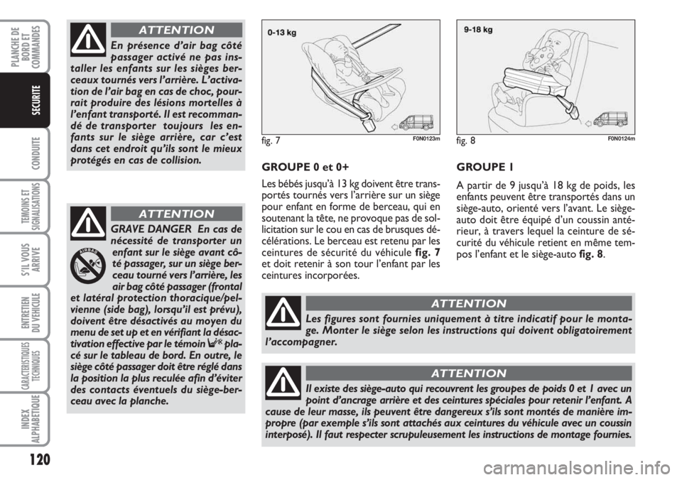 FIAT DUCATO 2007 Notice dentretien (in French) 120
CONDUITE
TEMOINS ET
SIGNALISATIONS
S’IL VOUS
ARRIVE
ENTRETIEN
DU VEHICULE
CARACTERISTIQUES
TECHNIQUES
INDEX
ALPHABETIQUE
PLANCHE DE
BORD ET
COMMANDES
SECURITE
GROUPE 0 et 0+
Les bébés jusqu’ FIAT DUCATO 2007 Notice dentretien (in French) 120
CONDUITE
TEMOINS ET
SIGNALISATIONS
S’IL VOUS
ARRIVE
ENTRETIEN
DU VEHICULE
CARACTERISTIQUES
TECHNIQUES
INDEX
ALPHABETIQUE
PLANCHE DE
BORD ET
COMMANDES
SECURITE
GROUPE 0 et 0+
Les bébés jusqu’